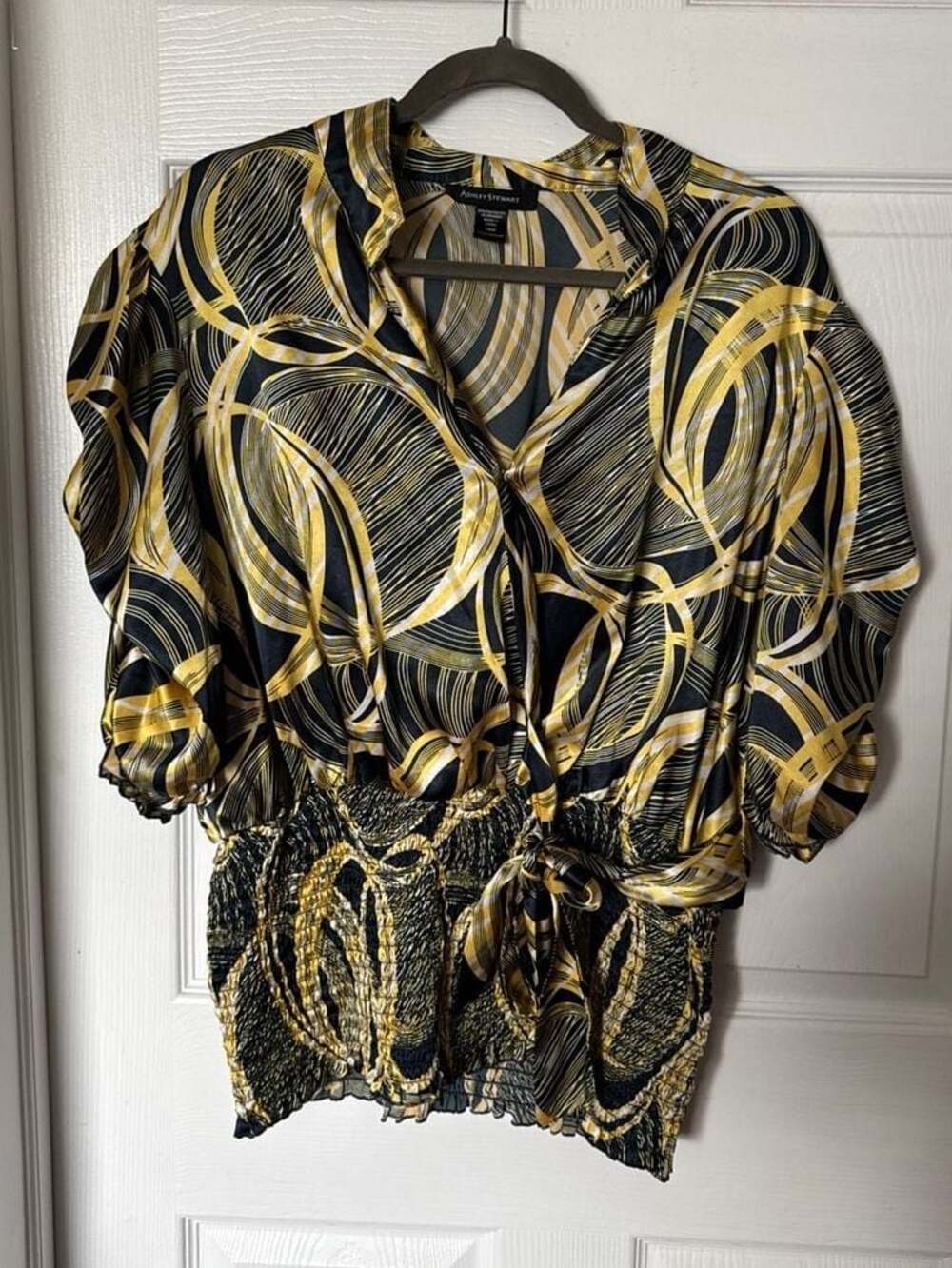 Ashley Stewart Yellow/Black Swirl Print Surplice Smocked Waist Blouse size 16W